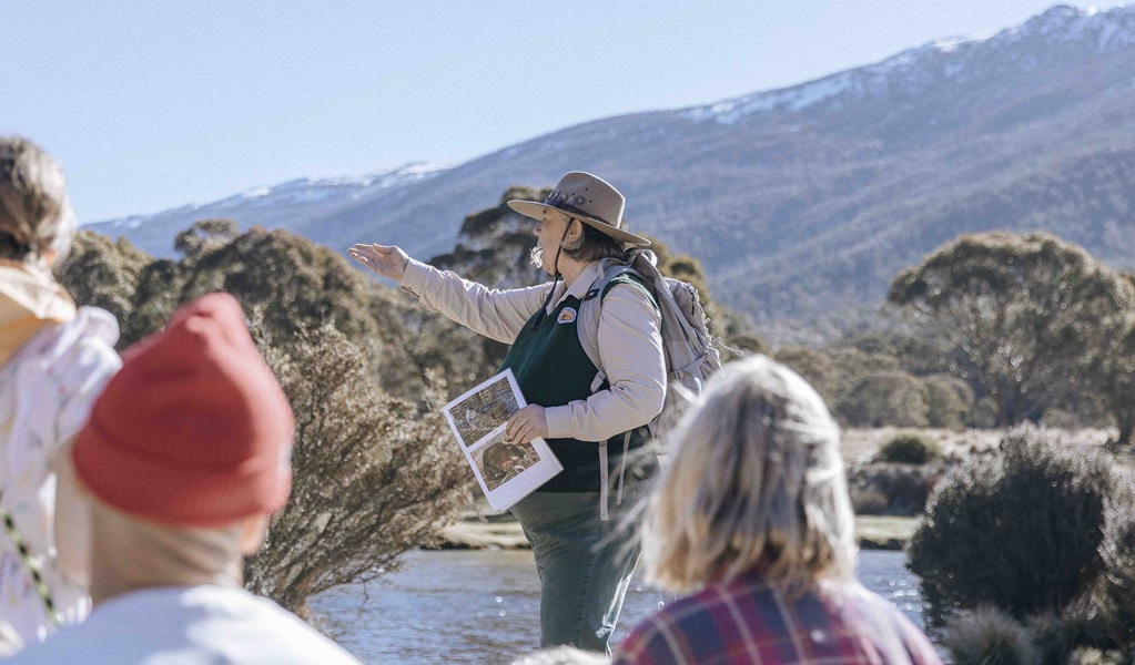 An NPWS tour guide leads a group in Kosciuszko National Park. Credit and &copy; Tourism Snowy Mountains/Breanna A Photography 
