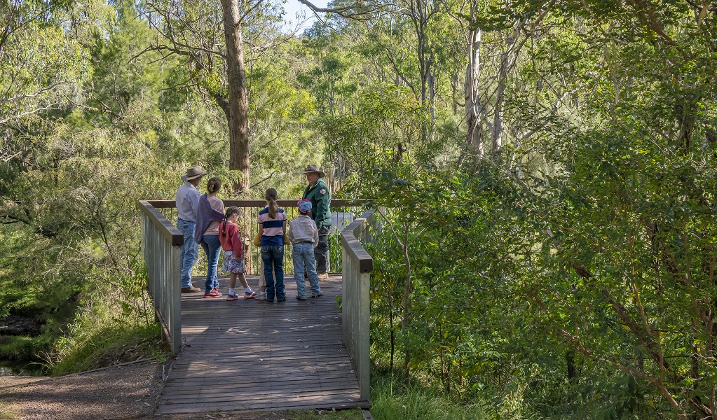 A group led by an NPWS guide stop at a lookout during the Junior ranger tour at Towarri National Park. Photo credit: John Spencer &copy; DPE