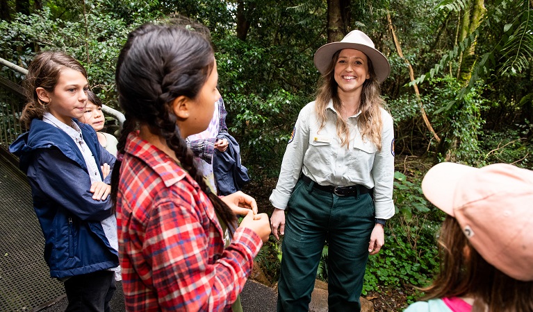 Children in the forest with an NPWS ranger guide, Dorrigo National Park. Photo: Louise Walpole &copy; NPWS