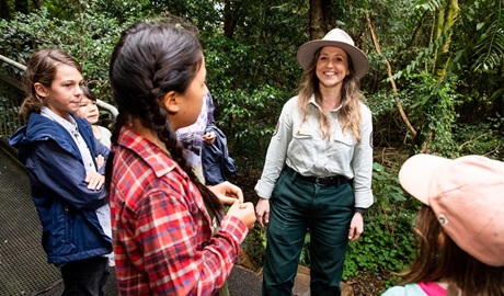 Children in the forest with an NPWS ranger guide, Dorrigo National Park. Photo: Louise Walpole &copy; NPWS