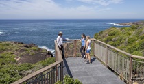 A NPWS ranger and 2 park visitors take in the view from a coastal lookout in Tomaree National Park. Photo: John Spencer &copy; DPE