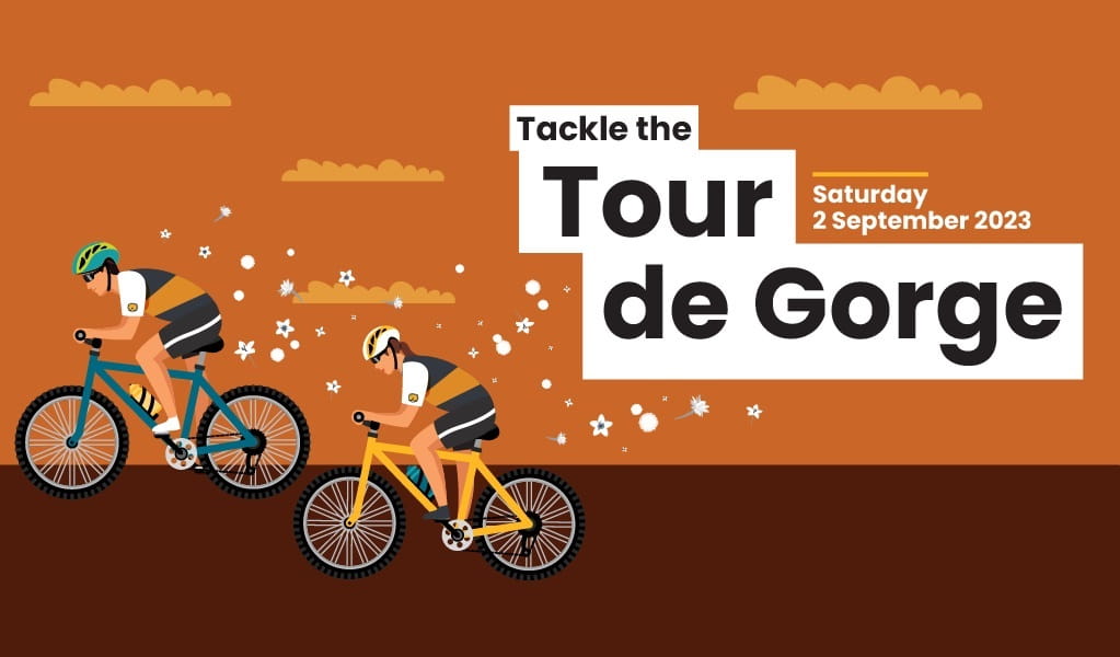 'Tackle the Tour de Gorge' artwork showing 2 cyclists riding through ochre-coloured land and floating white wildflowers. &copy; DPE