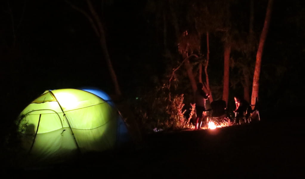 Tent and campfire in the night. Photo: Stephen Babka &copy; DPE