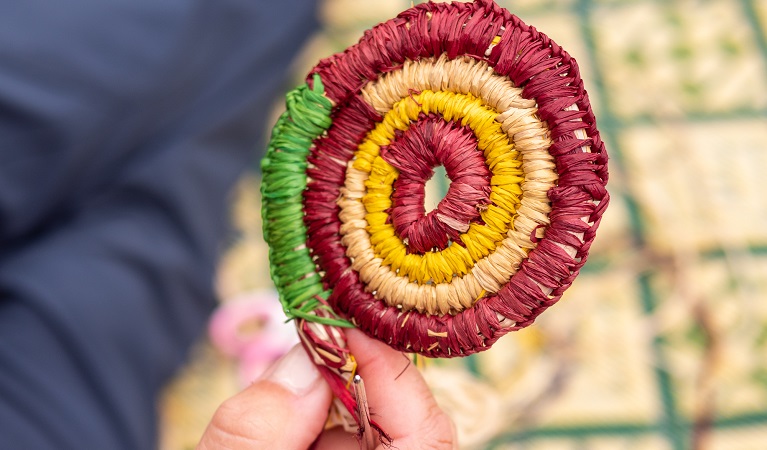 A woven work in progress, made during a traditional weaving workshop at Bournda National Park. Photo: Jessica Bray &copy; the photographer