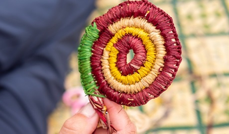 A woven work in progress, made during a traditional weaving workshop at Bournda National Park. Photo: Jessica Bray &copy; the photographer