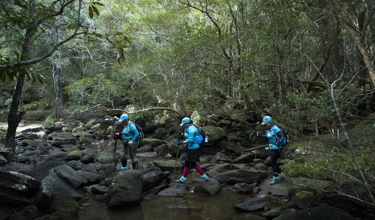 Three walkers doing the Oxfam Trailwalker. Photo: Jason Malouin/Oxfam AUS