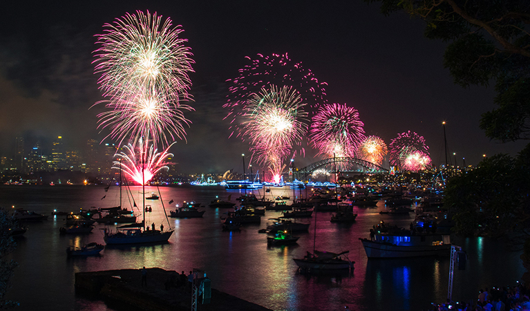 The view from Bradleys Head Booraghee Amphitheatre during the midnight fireworks, Sydney Harbour National Park. Photo: Kelly Hulme/DPIE