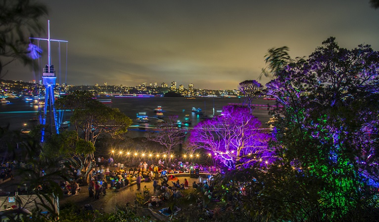 Crowds around the Mast wait for the midnight fireworks to begin at Bradleys Head. Photo: Kelly Hulme.