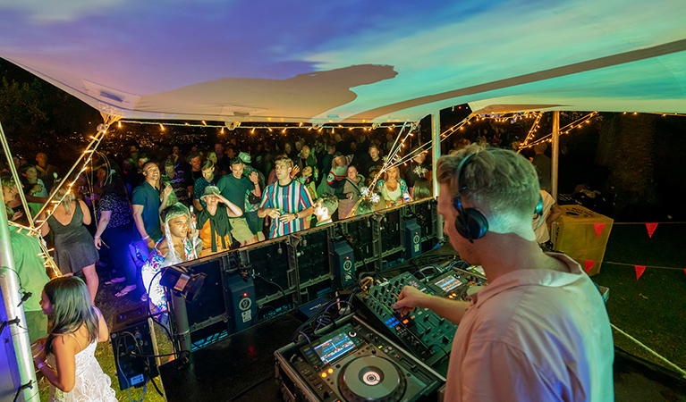 The DJ and partygoers dancing at the Shark Island Party, Sydney Harbour National Park. Photo: John Spencer/DPIE 