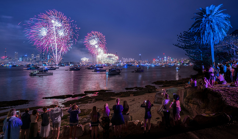 People watching the Sydney fireworks from the beach at Shark Island, Sydney Harbour National Park. Photo: John Spencer/DPIE