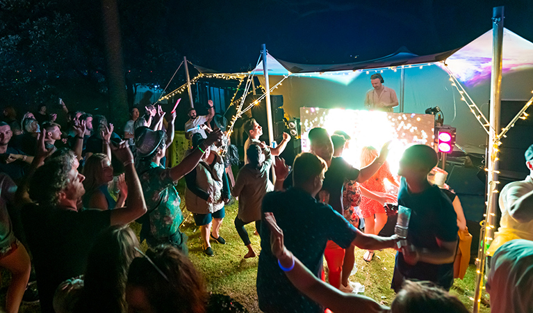 A crowd of people dancing at the Shark Island Party, Sydney Harbour National Park. Photo: John Spencer/DPIE  
