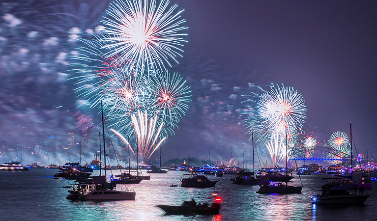 View from Shark Island of the Sydney New Year's Eve fireworks exploding over Sydney Harbour. Photo: John Spencer/DPIE
