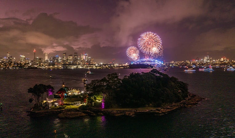 Aerial view of the NYE firework display over Clark Island, Sydney Harbour National Park. Photo: Rob Mulally &copy; DPE