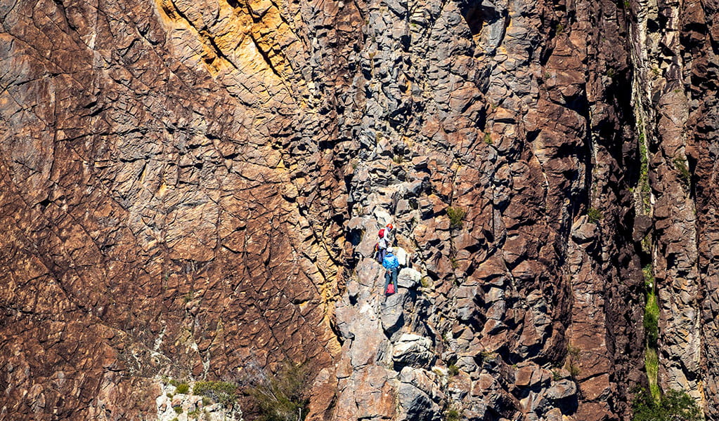 Rock climbers on a colourful, textured cliff face called ‘Crater Bluff’. Credit: Gavin Kellett/DPE