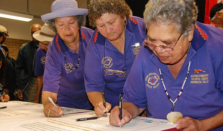 Aboriginal Elders signing a joint management agreement for Gaagal Wanggaan National Park. Photo: OEH
