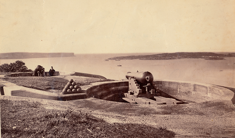 Photo of 80-pounder rifled muzzle loading guns at Outer Middle Head, c.1870s. Credit and © State Library NSW