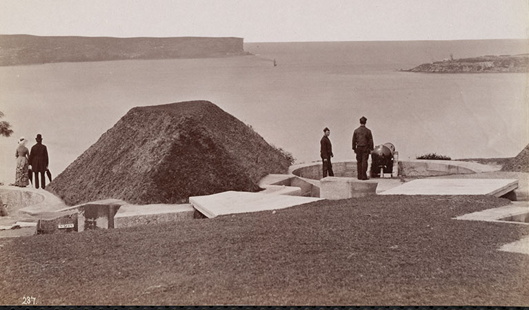 Historic photo of Middle Head’s original Outer Fort with a view out to the heads of Sydney Harbour. © National Library Australia