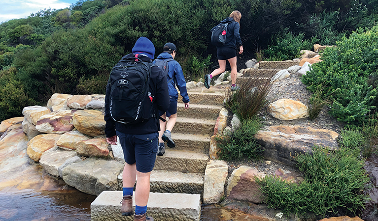 Hikers cross a small creek using large sandstone stepping stones along The Coast Track. Credit: Natasha Webb. &copy; Natasha Webb/DPIE