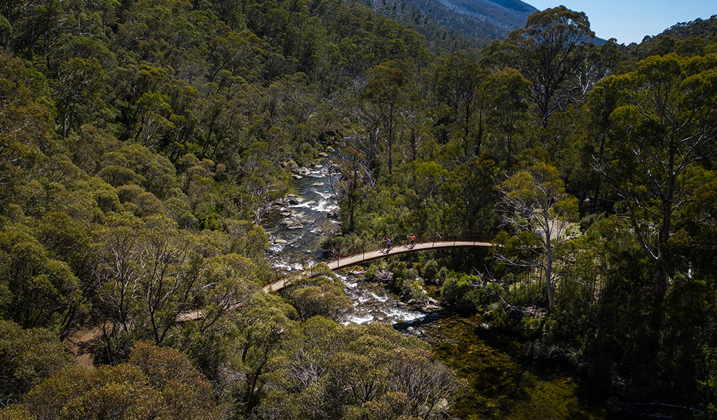 Aerial view of Bridge 5 crossing Thredbo River along Thredbo Valley track, Kosciuszko National Park. Photo: Robert Mulally/DPIE