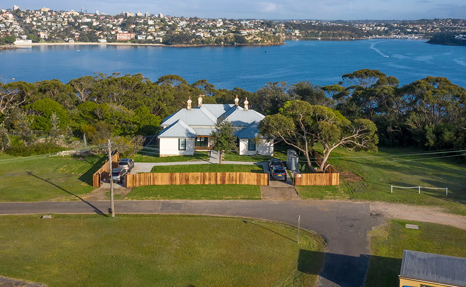 An aerial view of Middle Harbour Officers quarters with harbour in background. Photo: Gareth Pickford &copy; DPE