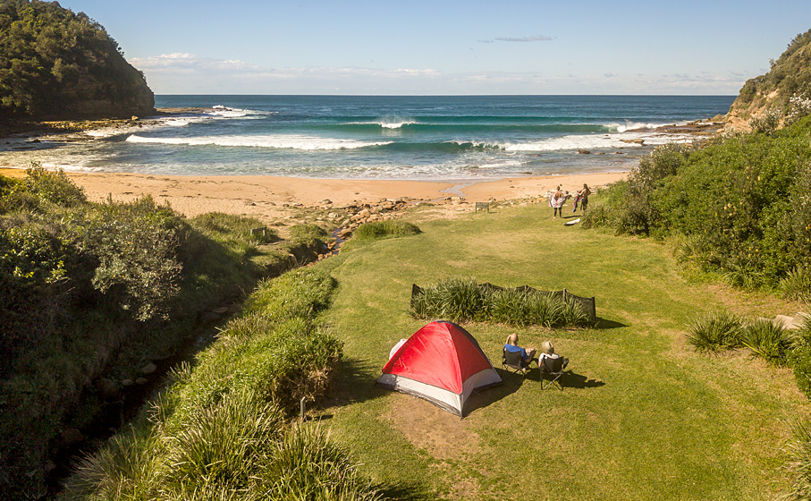 Aerial view of a tent a Little Beach campground in Bouddi National Park. Photo: John Spencer/DPIE
