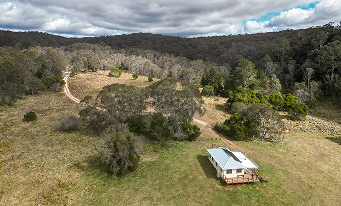 Aerial photograph of Mooraback Cabin. Photo: Josh Smith &copy; DPE