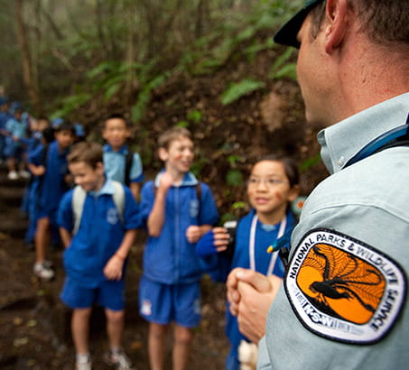 Discovery ranger with school children, Blue Mountains National Park. Photo: Nick Cubbin/OEH