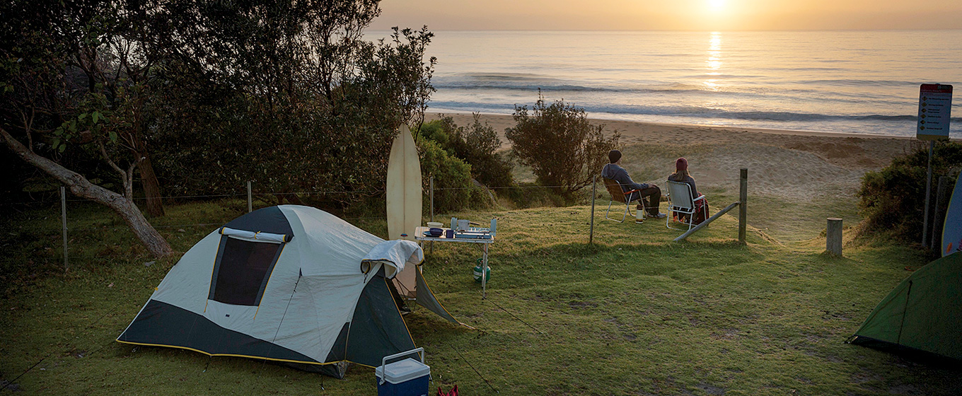 Tent at sunrise at Gillards Beach, Mimosa Rocks National Park. Photo: David Finnegan/DPIE