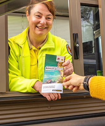 NSW National Parks staff handing a visitor a brochure for annual park passes. Photo credit: Murray Vanderveer &copy; DPIE