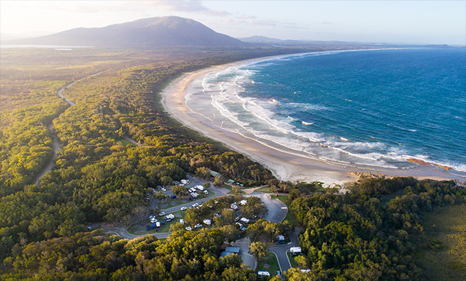 An aerial view of Diamond Head Campground, Crowdy Bay National Park. Photo: Robert Mulally &copy; DPE