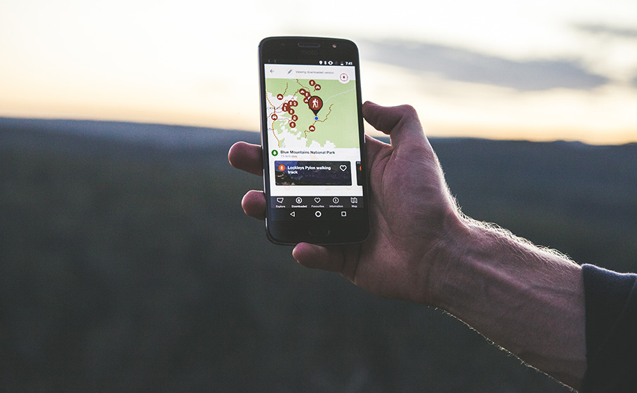 A man uses the NPWS app on a mobile phone at sunrise in Blue Mountains National Park. Photo: Daniel Parsons/DPIE