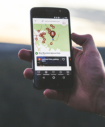 A man uses the NPWS app on a mobile phone at sunrise in Blue Mountains National Park. Photo: Daniel Parsons/DPIE