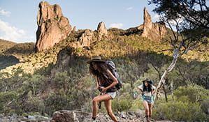 Two young women hiking in Warrumbungle National Park along Breadknife and Grand High Tops walk. Photo: Robert Mulally