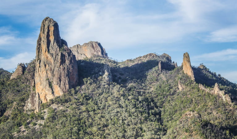 The Breadknife rock formations across the landscape in Warrumbungle National Park. Photo credit: Simone Cottrell &copy; DPIE