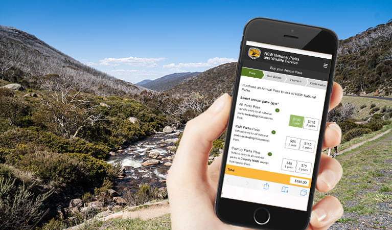 A hand holds a mobile phone in front of an alpine landscape in Kosciuszko National Park. Photo: Robert Mulally/OEH