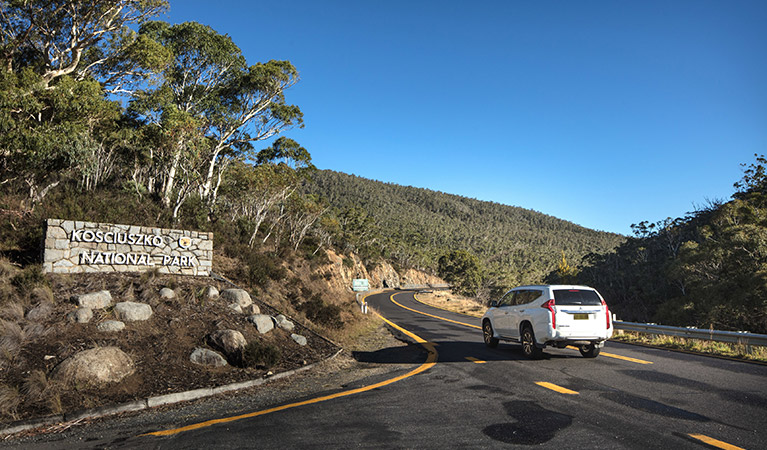 Car on Kosciuszko Road near Thredbo River picnic area, in Kosciuszko National Park. Photo credit: Murray Vanderveer &copy; DPIE