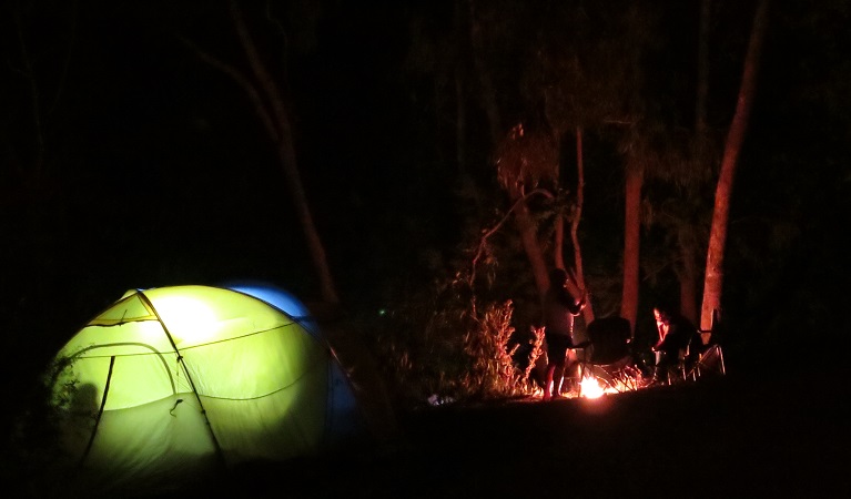 People enjoy dinner around a campfire at Abercrombie Caves campground. Photo: Stephen Babka/DPIE