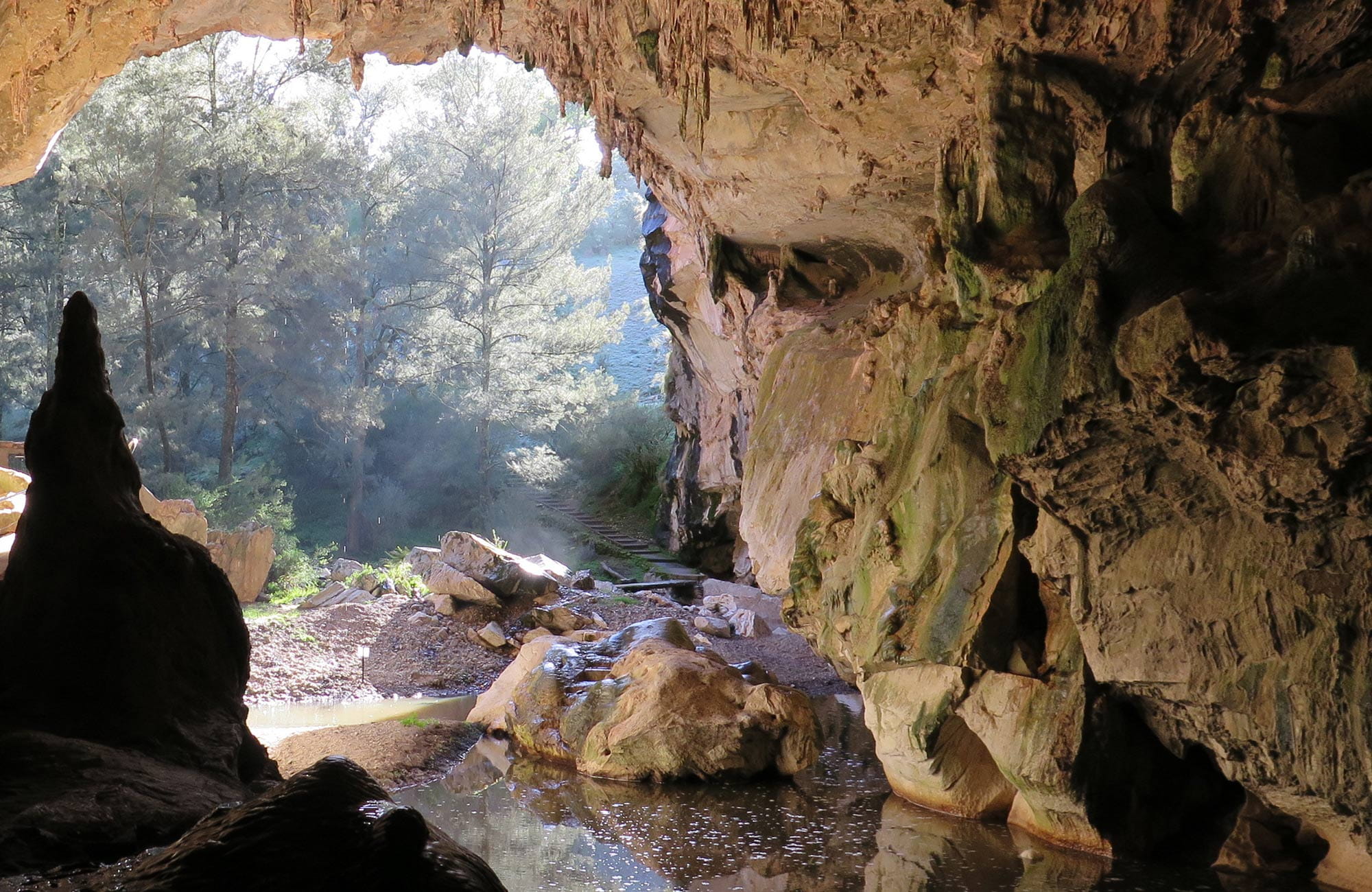 Stalagmite silhouette at entrance to Archway Cave in Abercrombie Karst Conservation Reserve. Photo: Stephen Babka/DPIE
