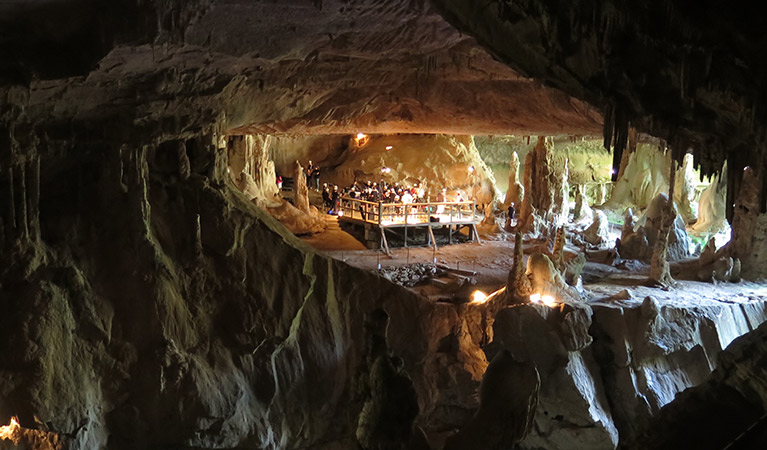 View across Archway Cave to raised platform where a performance group set up, Abercrombie Karst Conservation Reserve. Photo: Stephen Babka/DPIE