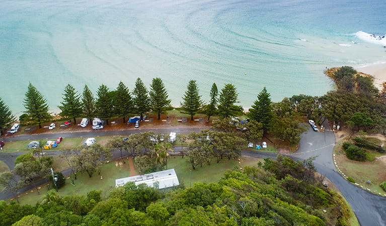 Aerial view of Trial Bay Gaol campground, Arakoon National Park. Photo: Rob Mulally/DPIE