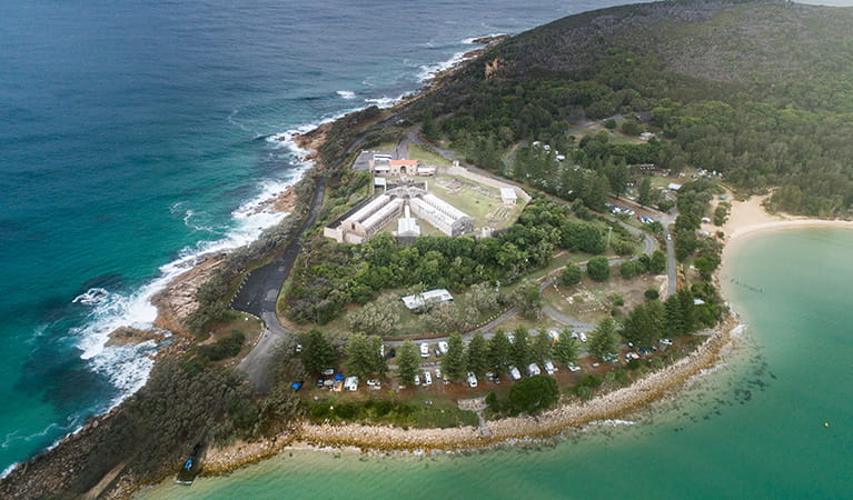 Aerial view of Trial Bay Gaol campground, Arakoon National Park. Photo: Rob Mulally/DPIE