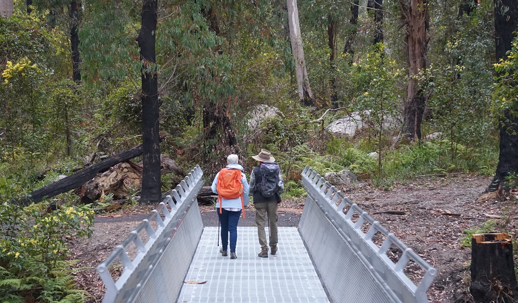 Two walkers crossing a bridge on Bald Rock base walk in Bald Rock National Park. Photo: Christopher Ghirardello/DPE