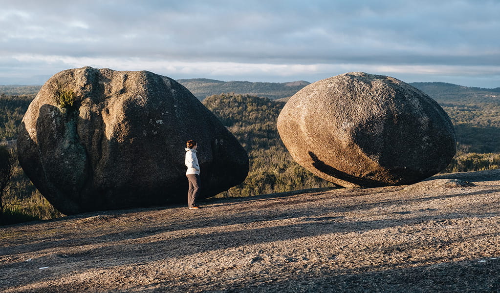 A visitor standing beside two large boulders on Bald Rock Summit walking track, Bald Rock National Park. Photo credit: Harrison Candlin &copy; Harrison Candlin