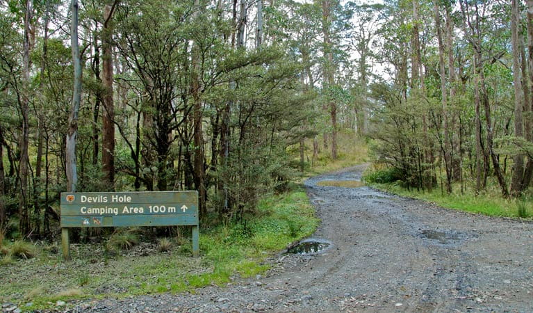 The sign to Devils Hole campground in Barrington Tops State Conservation Area. Photo: John Spencer/NSW Government