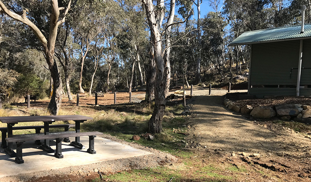 Picnic table and amenities surrounded by trees at Gummi Falls campground, Barrington Tops State Conservation Area. Credit: Richard Bjork &copy; DPE