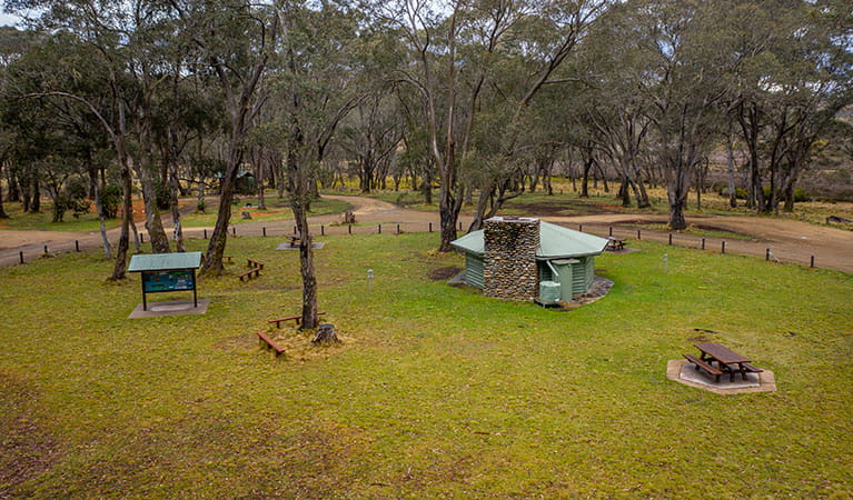 Low aerial view of Polblue campground and picnic area in Barrington Tops National Park. Photo: John Spencer/DPIE