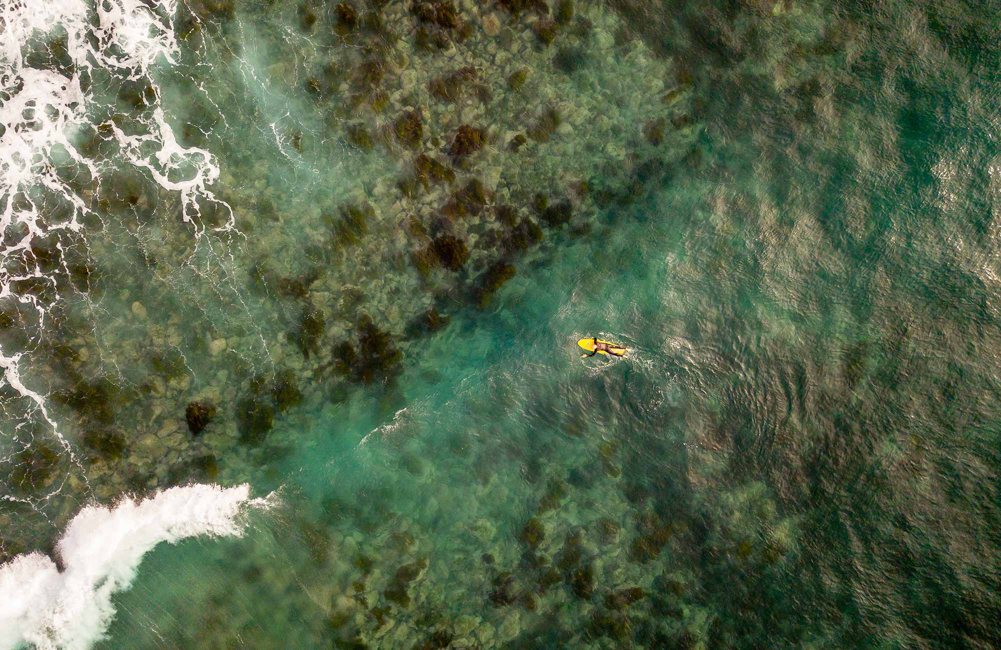 Aerial view of surfer in the ocean near Saltwater Creek campground. Photo: J Spencer/OEH