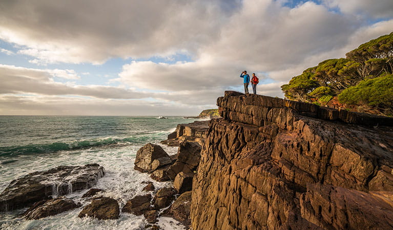 People standing on high cliffs, looking for whales at Bittangabee Bay. Photo: John Spencer &copy; OEH