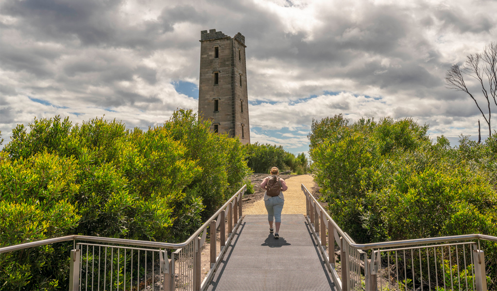 Boyds Tower walking track in Beowa National Park near Eden winds past historic Boyds Tower. Photo: John Spencer, &copy; DCCEEW