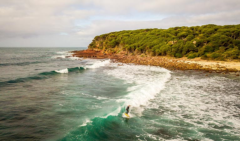 Surfer and headland at Saltwater Creek campground. Photo: John Spencer/DPIE